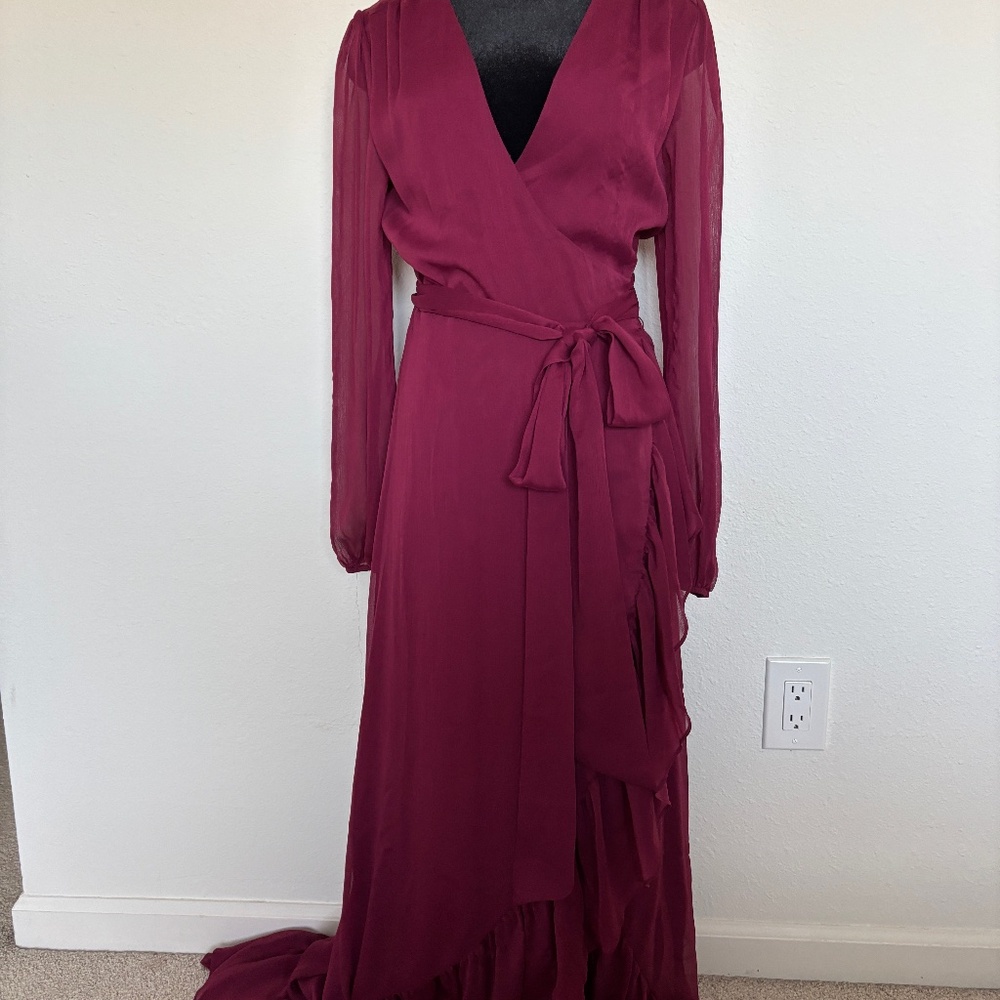 WAYF Maryl Bordeaux Cranberry Red Long Sleeve Wrap Maxi Dress